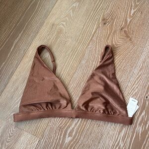 Aerie Bikini Shine Top Rib Plunge Bikini Top Horizon Tan Large NWT
